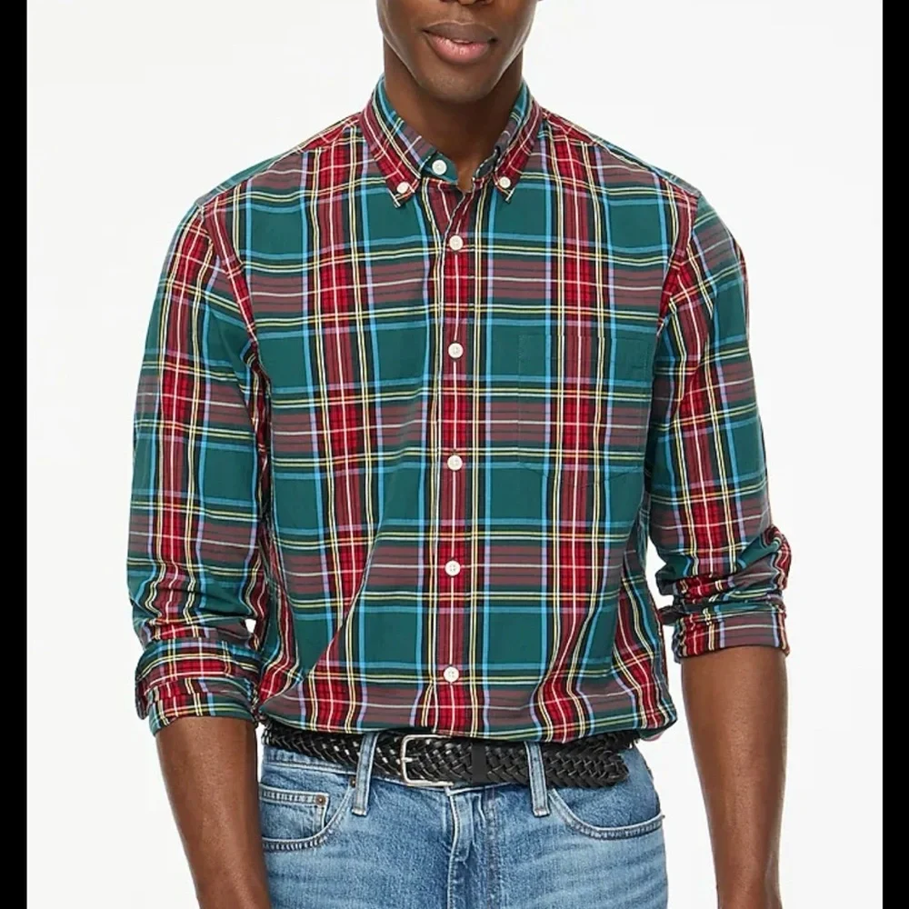 J. Crew Teal, Red and Navy Plaid Button-Down Shirt